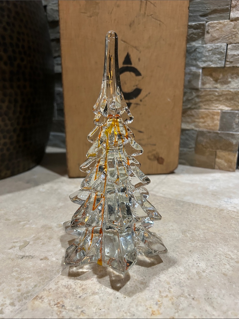 vintage clear art glass Christmas tree figurine with orange stripes - Picture 6 of 12